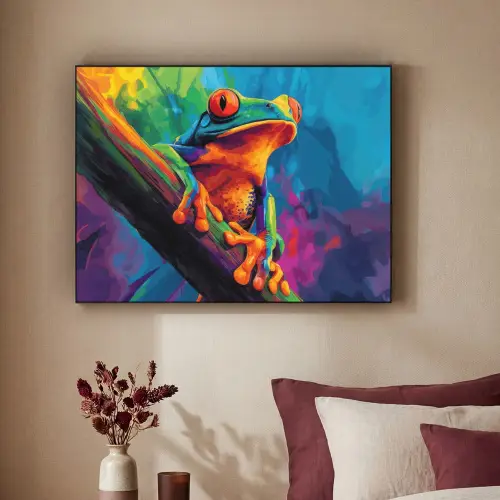 Kikker - Felgekleurd - Tak - Regenboog Textielframe zwart klein -sfeer1