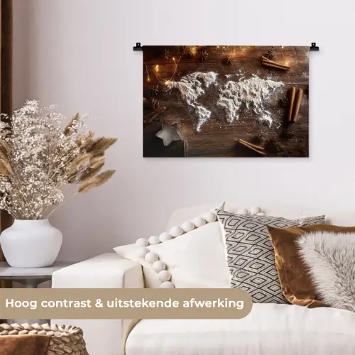 Wereldkaart - Poedersuiker - Hout Wandkleed katoen klein -sfeer1