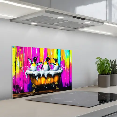 Pinguïns - Badkuip - Kleurrijk - Schuim keuken achterwand spatscherm klein -3d_schuin