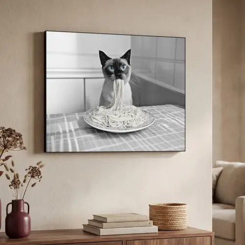 Kat - Siamees - Zwart Wit - Schattig - Dieren Textielframe zwart klein -sfeer3