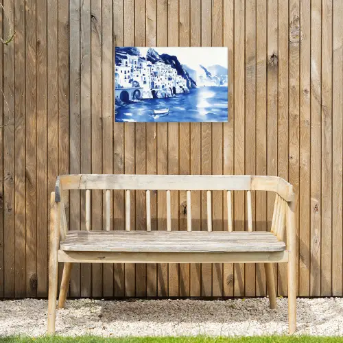 Dorp - Rotswand - Roeiboot - Water Tuinposter op houten frame 2 cm dik klein -sfeer4