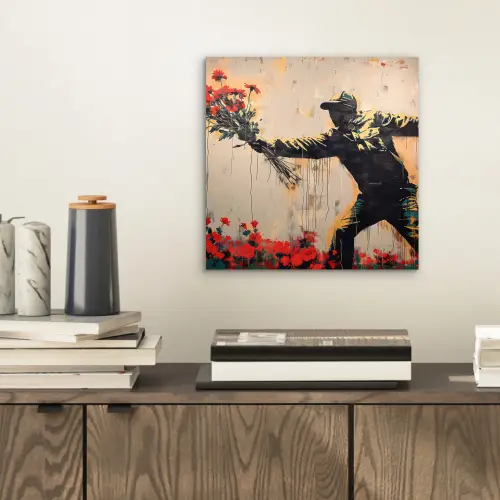 Street art - Man - Bloemen - Rood - Graffiti - Banksy aluminium wit klein -sfeer1