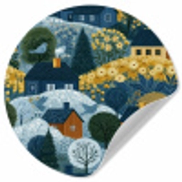 Huisjes - Bloemen - Patroon - Geel - Blauw Wandcirkel behangsticker klein 186 -3d