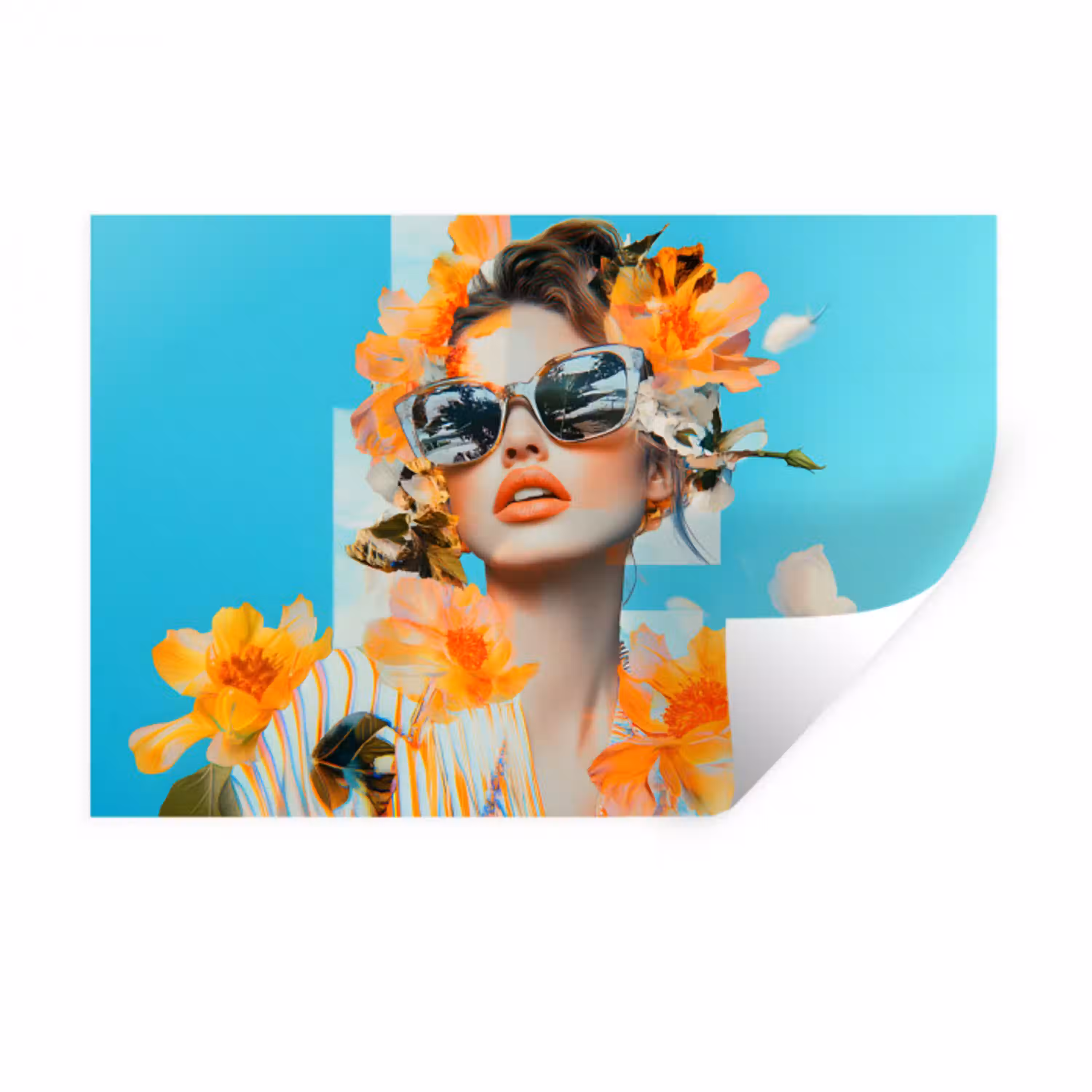 Bloemen - Vrouw - Zonnebril - Blauw Muursticker klein -3d
