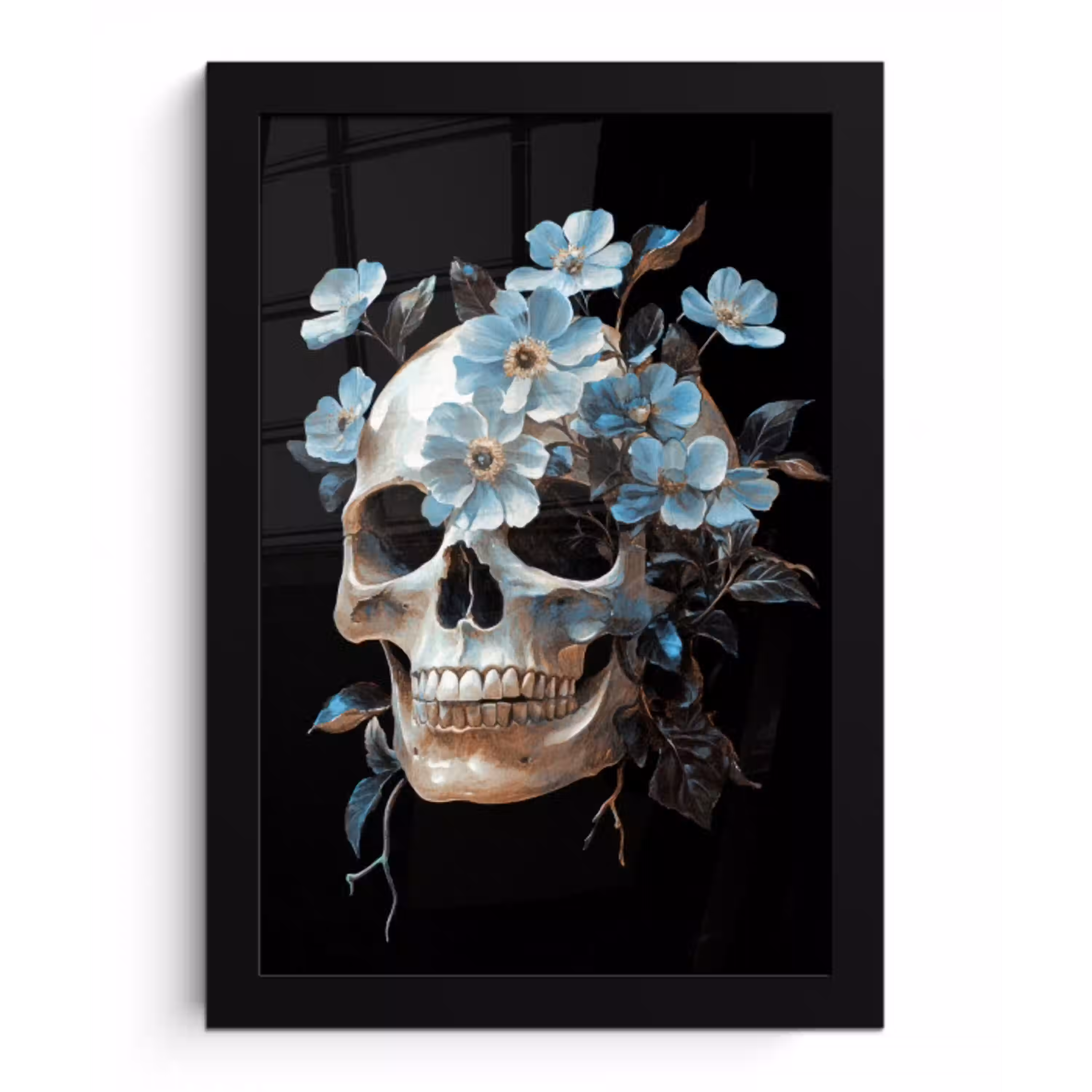 Schedel - Blauw - Bloemen - Bladeren fotolijst zwart zonder passe partout klein -3d