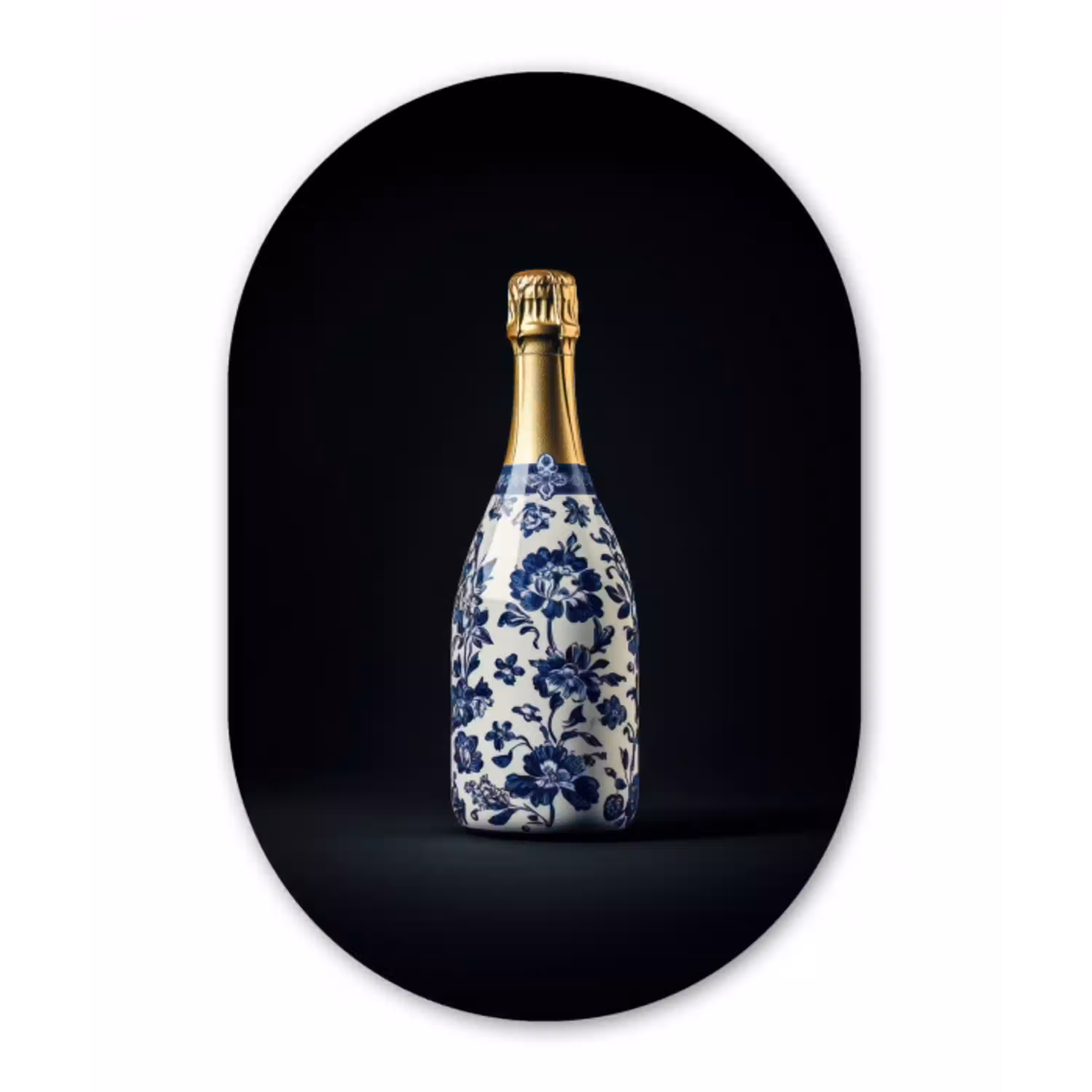 Champagne - Bloemen - Goud - Chique Wandcirkel Ovaal Glas middel -3d