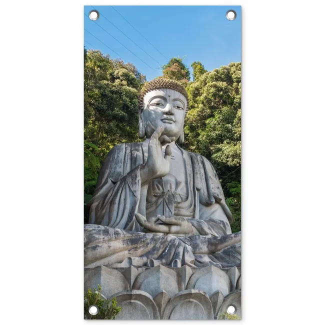 Stenen Boeddha in de ochtendzon tuinposter los doek klein -3d