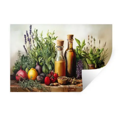 Stilleven - Kruiden - Specerijen - Fruit - Kleurrijk Muursticker klein -3d