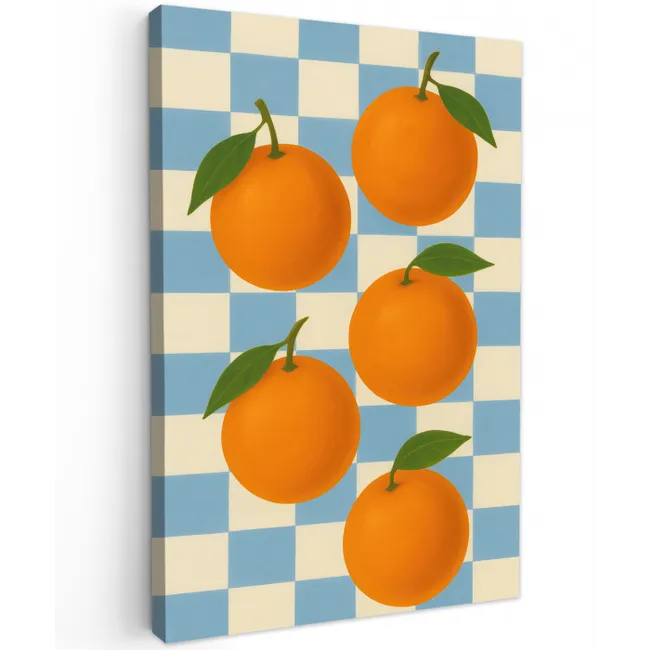 Sinaasappels - Blaadjes - Geblokt - Blauw Tuinposter op houten frame 2 cm dik middel -3d