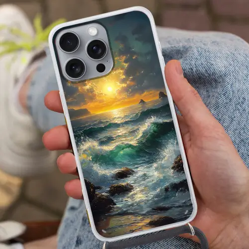 Zee - Zon - Golven - Rotsen Hoesje iPhone 16 Pro Max met koord klein -sfeer3