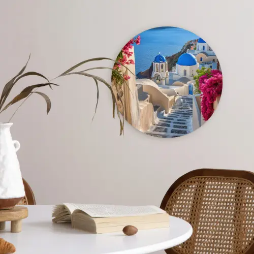 Santorini - Bloemen - Griekenland Wandcirkel kunststof plaat 5mm dik klein -sfeer4