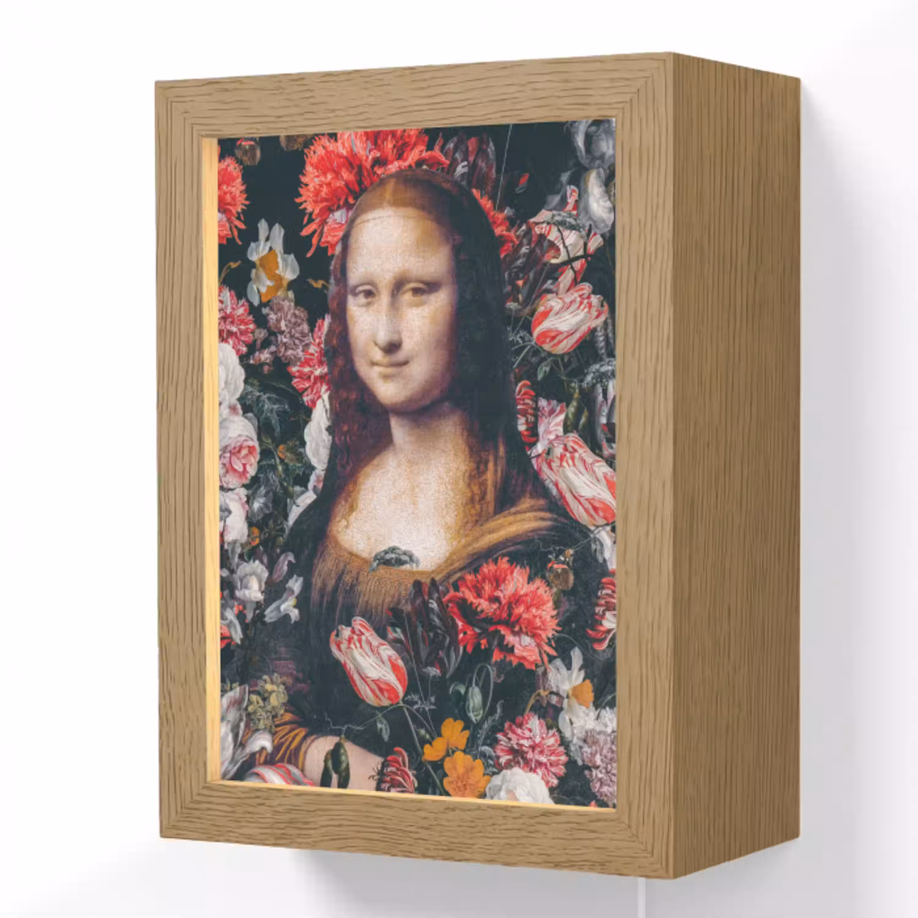 Mona Lisa - Leonardo da Vinci - Bloemen - Roze Light Box met kabel (Wandlamp) klein -3d