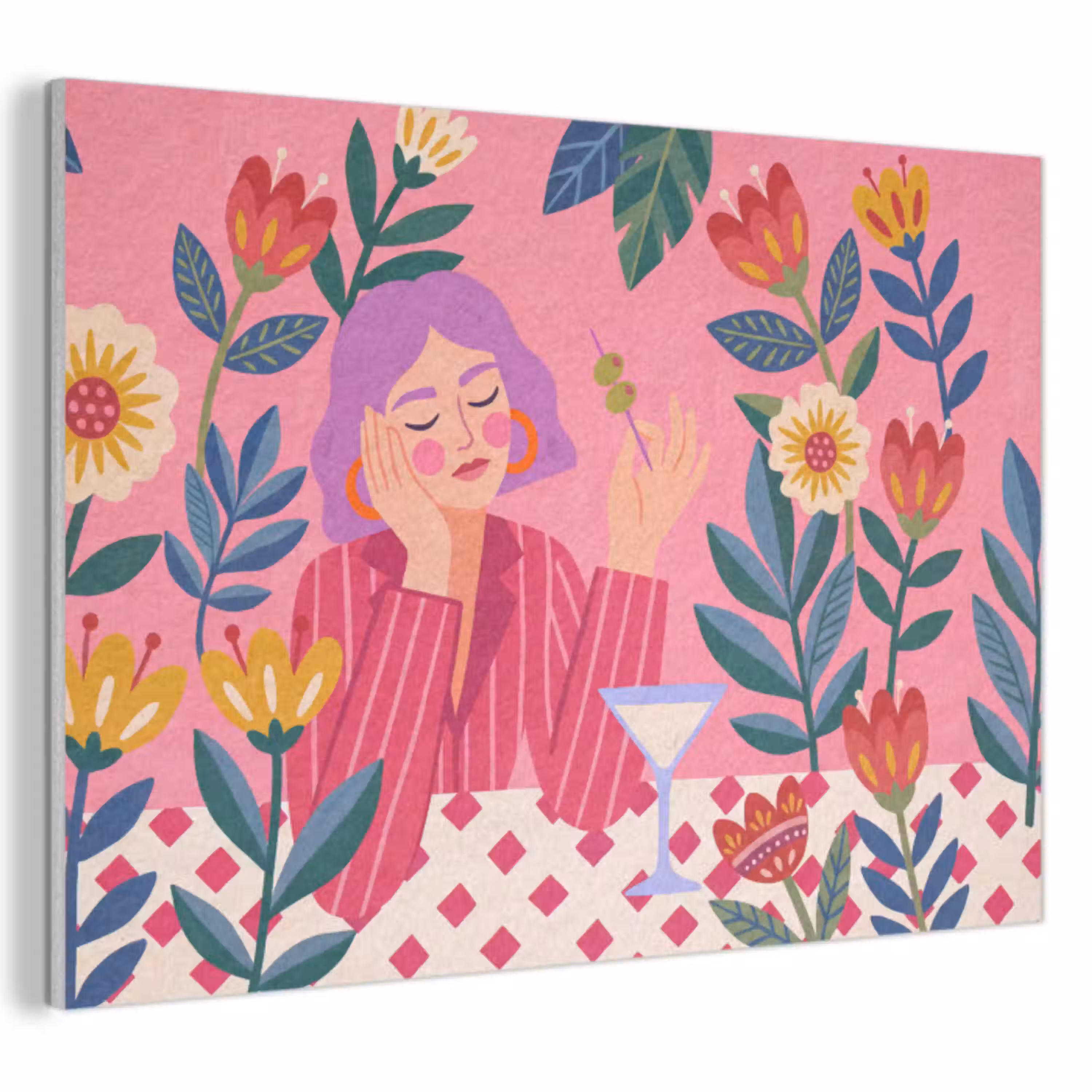 Vrouw - Cocktail - Bloemen - Modern - Roze PET vilt klein -3d