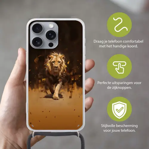 Leeuw - Geschilderd - Abstract - Goud Hoesje iPhone 16 Pro Max met koord klein -sfeer2_NL