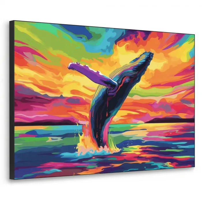 Zonsondergang - Walvis - Geschilderd - Kleurrijk Textielframe - compleet frame klein -3d