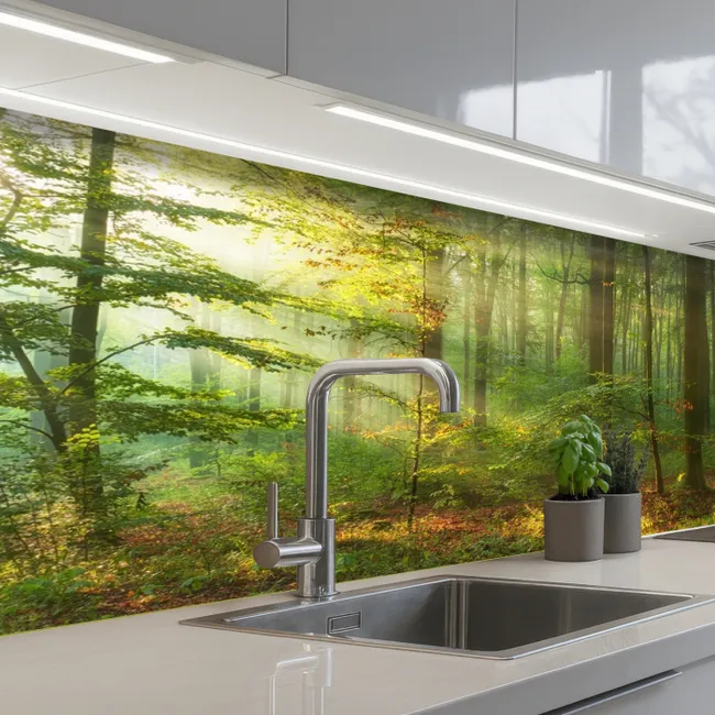 Zon - Bos - Bomen - Natuur - Herfst keuken achterwand 2 middel -3d_schuin