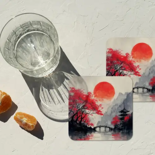 Rode zon - Rivier - brug - Bomen onderzetter kurk middel -sfeer4