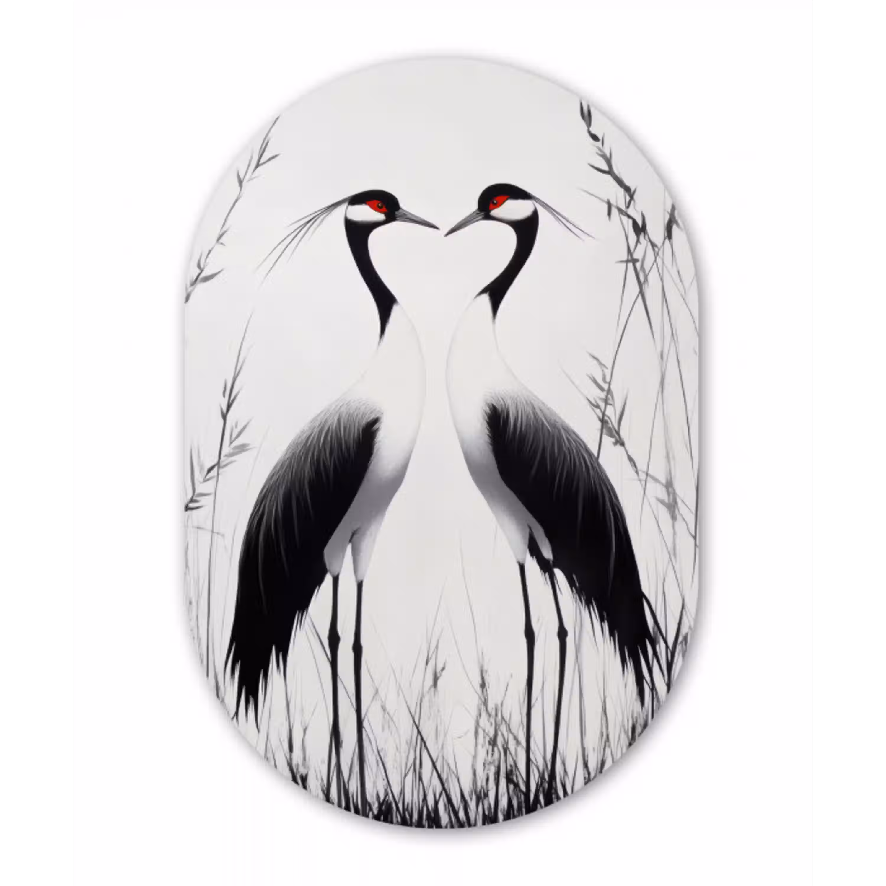 Kraanvogels - Gras - Hartvorm - Zwart Wandcirkel Ovaal Glas middel -3d