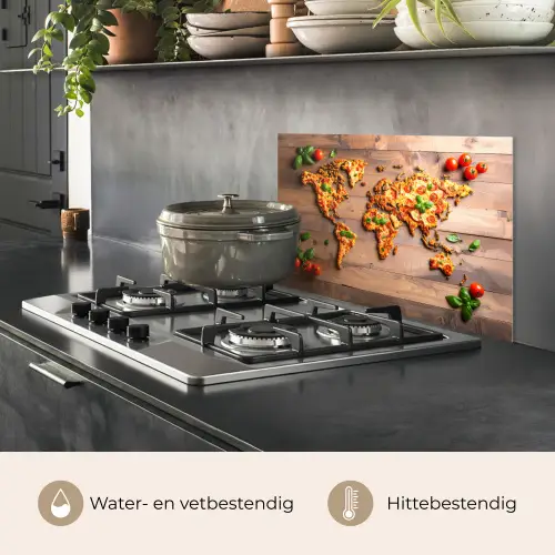 Wereldkaart - Pizza - Houten ondergrond keuken achterwand spatscherm klein -usp_NL