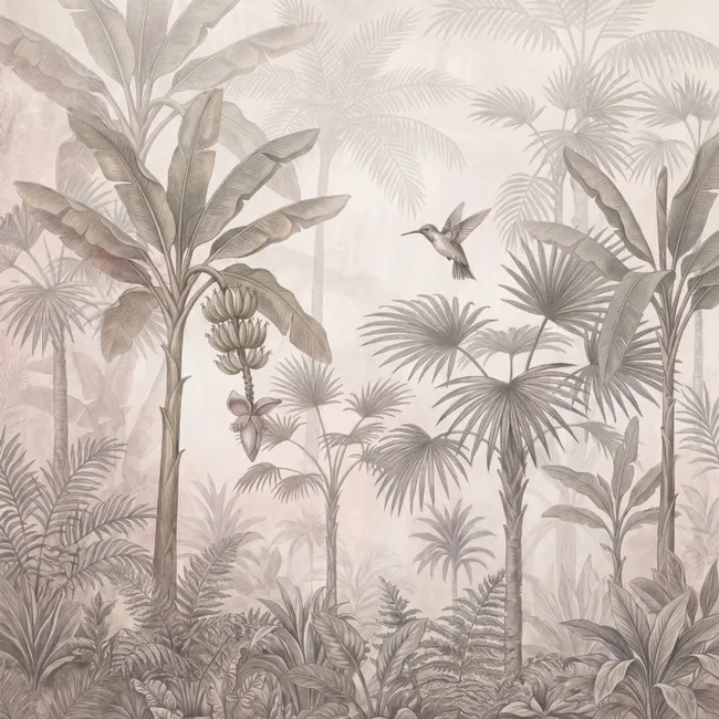 Behang - Jungle - Banenboom - Kolibrie - Beige