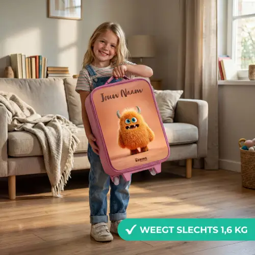 Oranje Pluizig Monster met Hoorns Kinderkoffer - Roze klein -sfeer2_NL