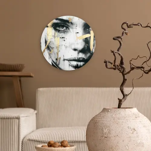 Portret - Vrouw - Penseelstreken - Goud Wandcirkel kunststof plaat 5mm dik klein -sfeer1