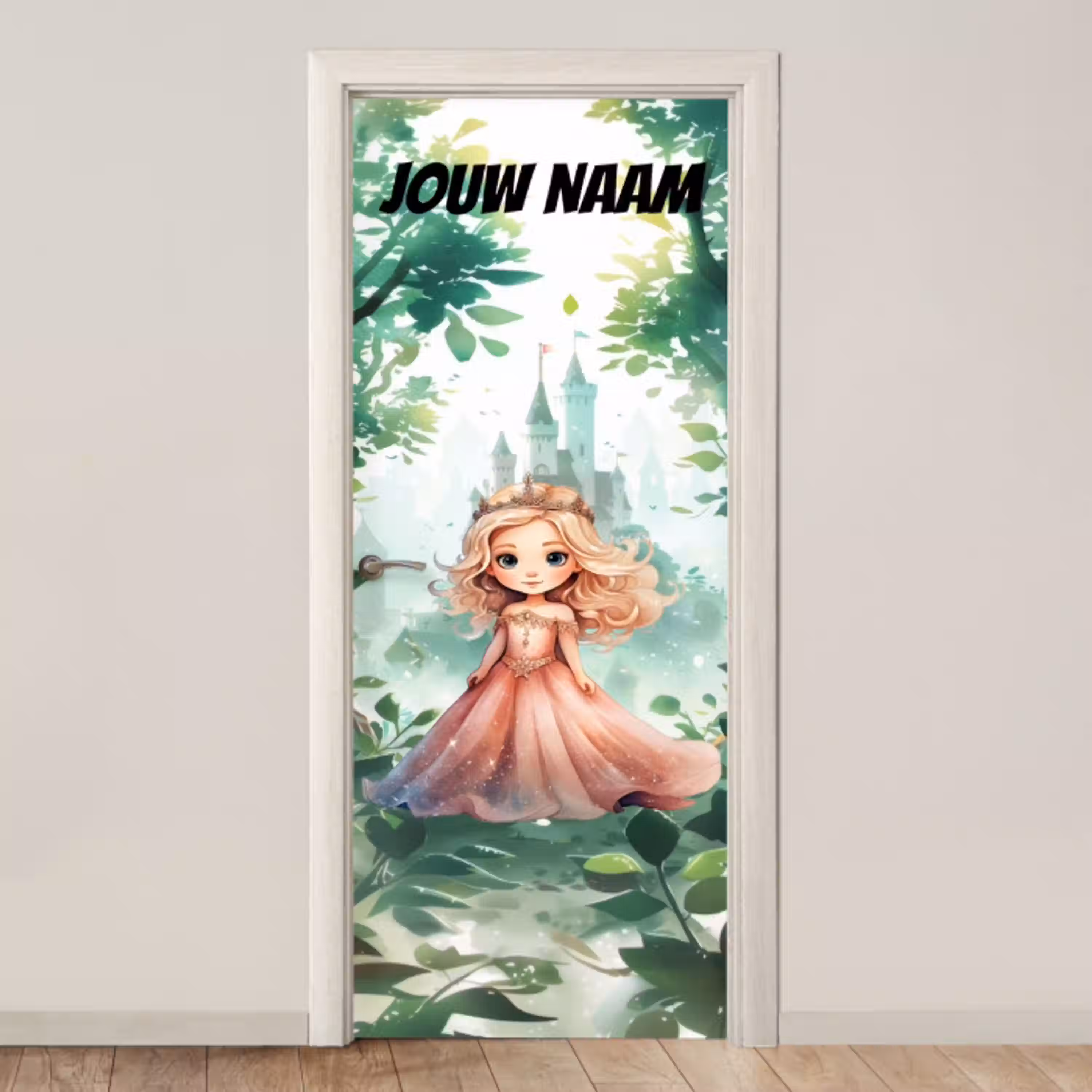 Sprookjesachtig prinsesje met kroon en de tekst “Deze kamer is van: jouw naam”. deurposter klein -3d_beige