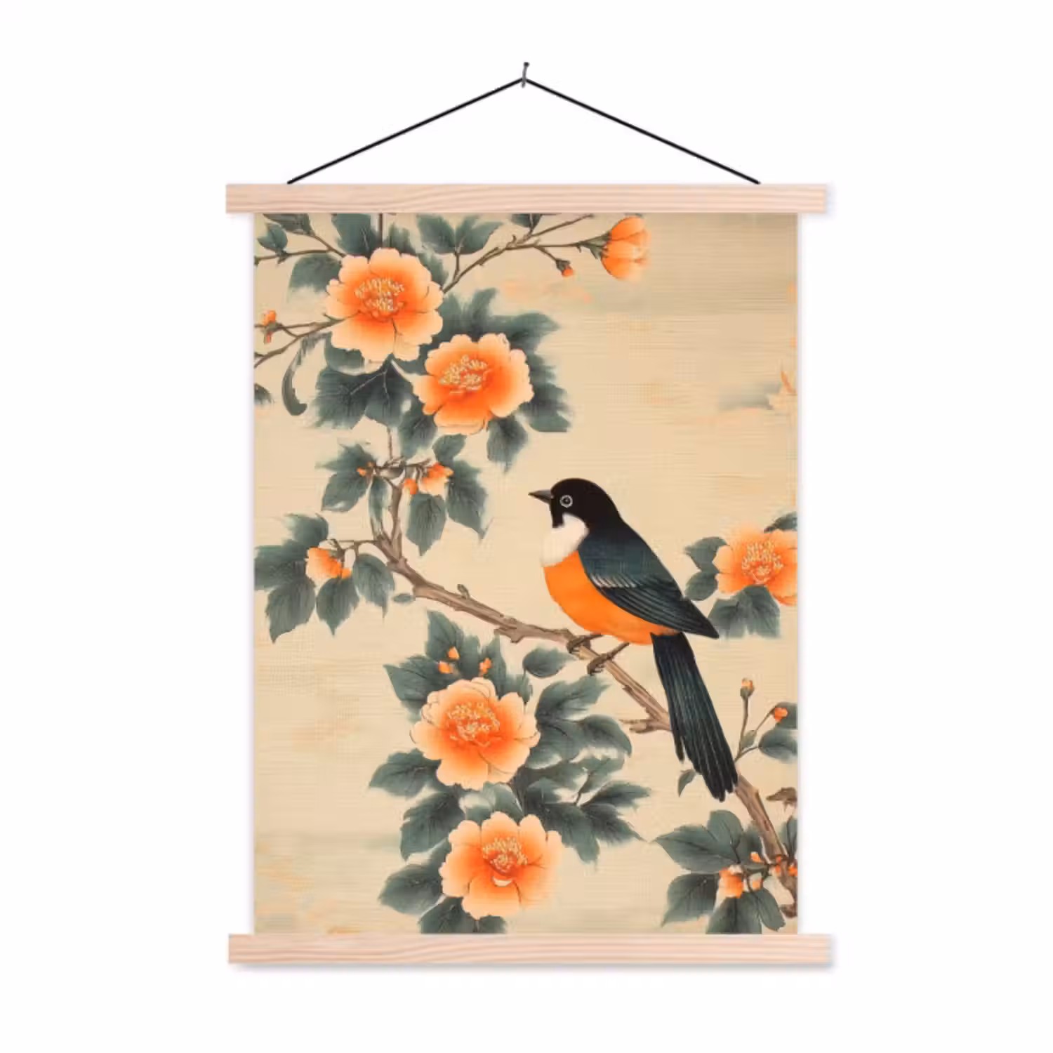 Schoolplaat -  Vogel - Tak - Bloemen - Oranje