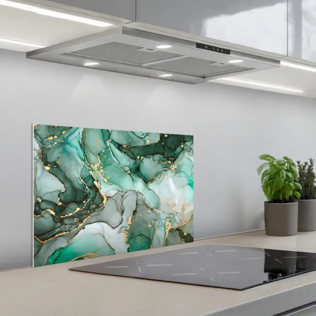 Goud - Marmer - Groen - Luxe - Marmerlook - Grijs keuken achterwand spatscherm klein -3d_schuin