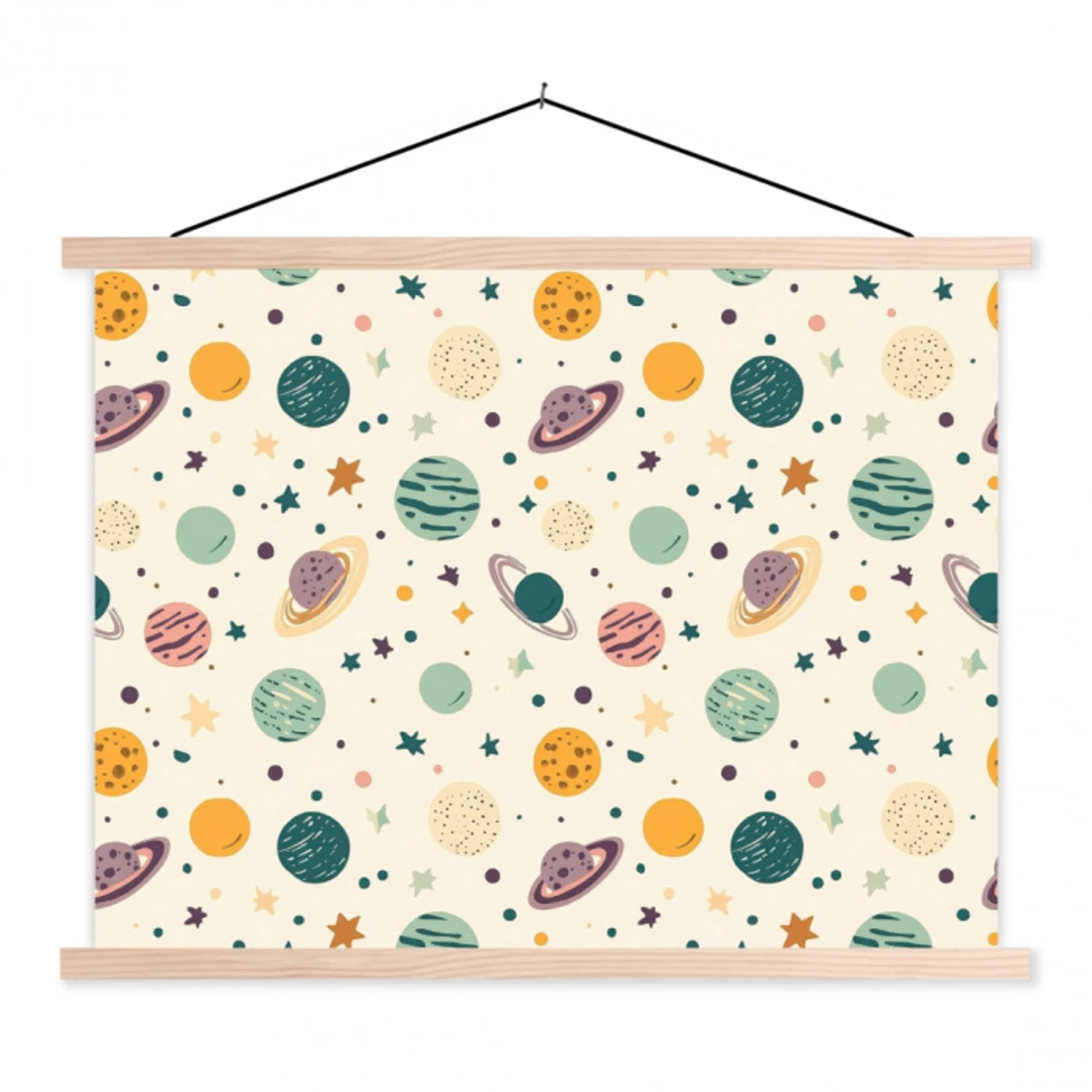 Planeten - Retro - Kleurrijk textielposter latten blank klein 122 -3d