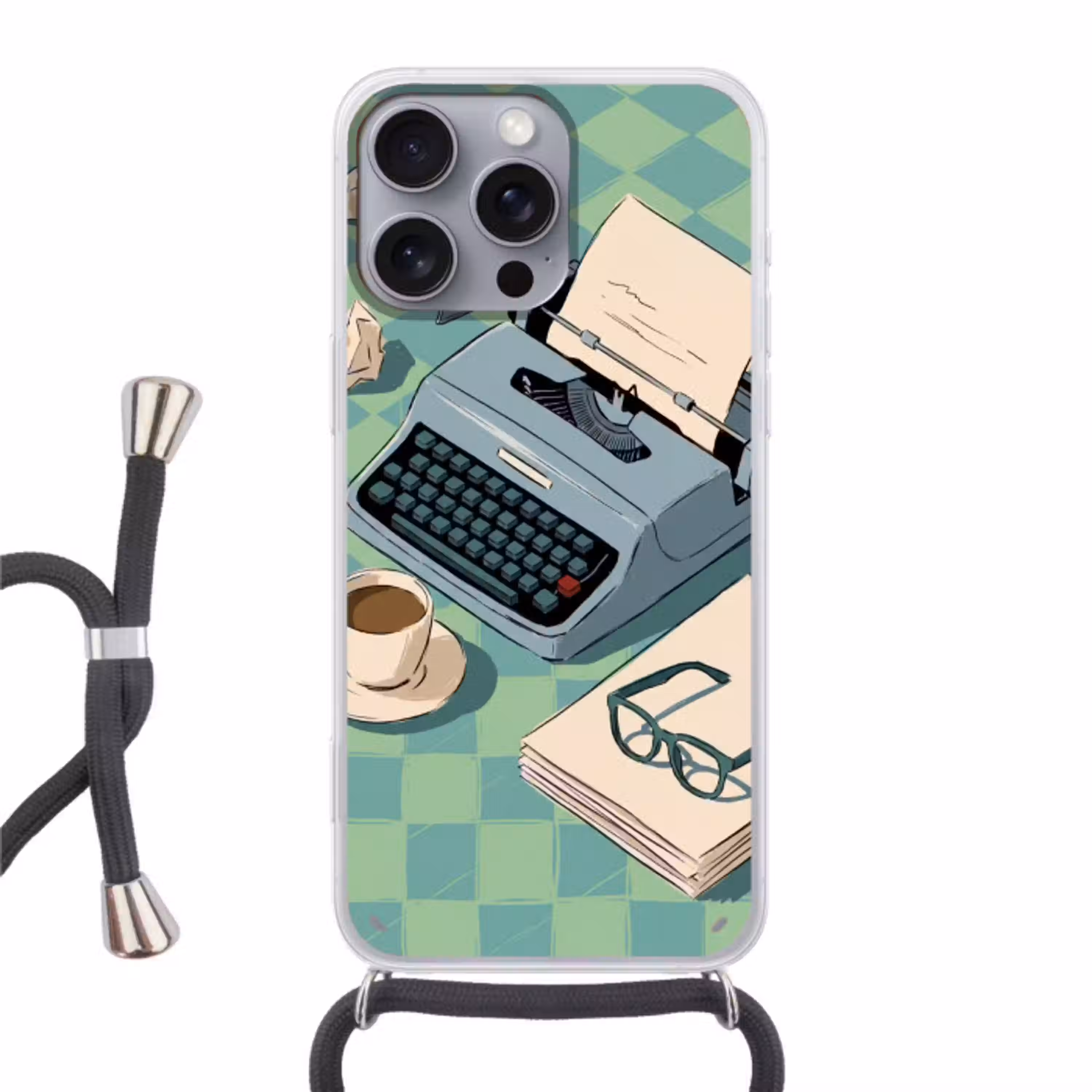 Typemachine - Kantoor - Vintage - Illustratie - Groen Hoesje iPhone 16 Pro Max met koord klein -3d