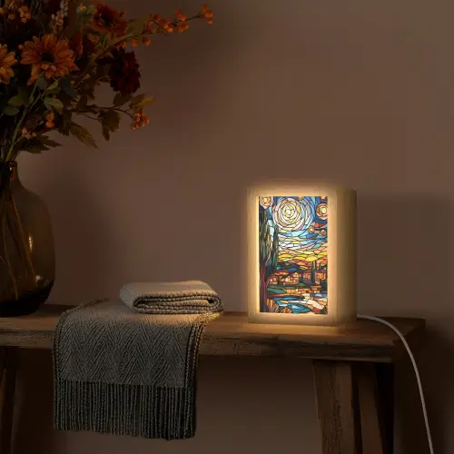 Hemel - Sterren - Mozaïek - Huizen Light Box met kabel (Tafellamp) klein -sfeer4
