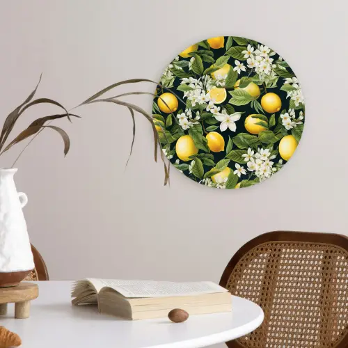Hangende - Citroenen - Witte - Bloemetjes Wandcirkel plexiglas klein 852 -sfeer4