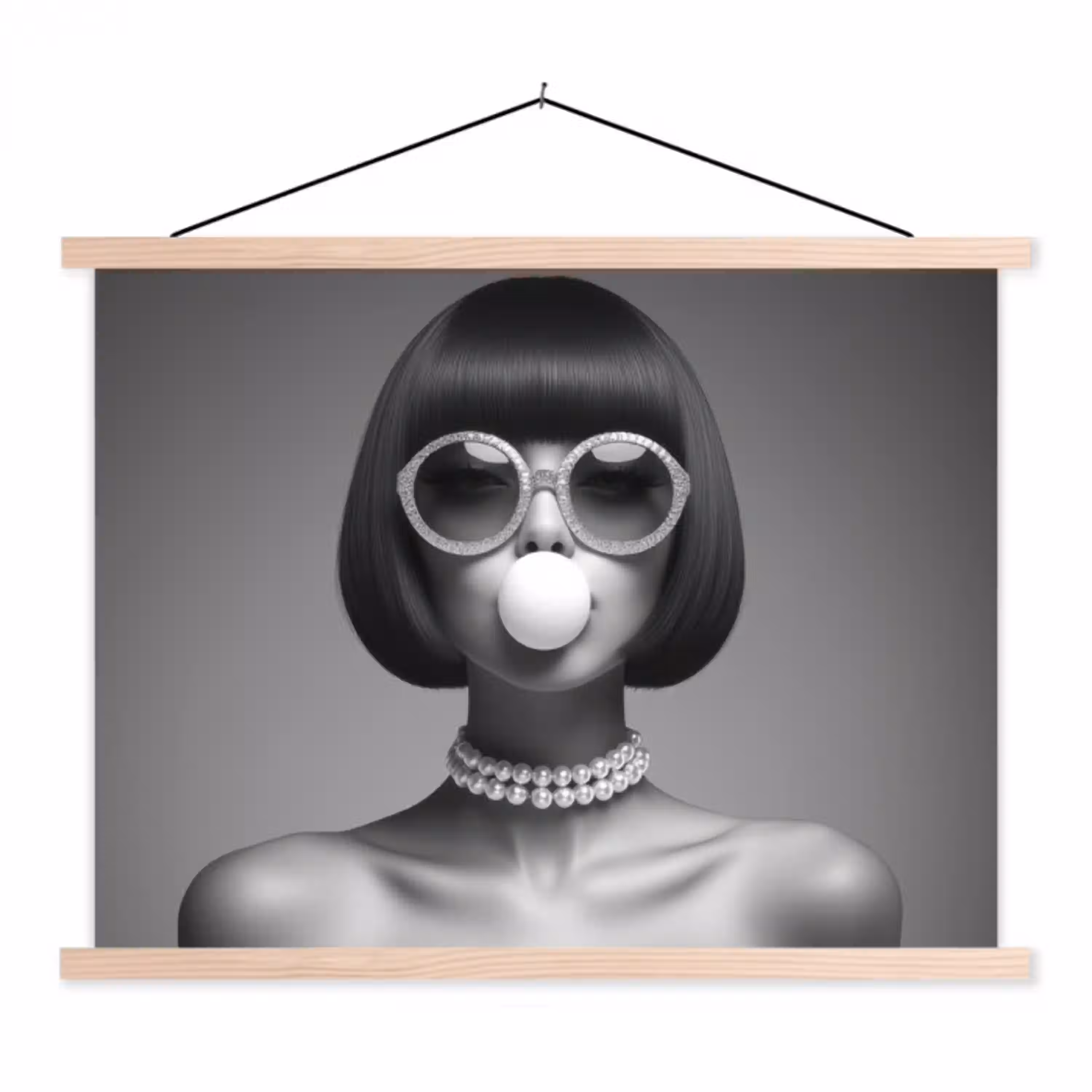 Vrouw - Zwart Wit - Ketting - Zonnebril textielposter latten blank klein -3d