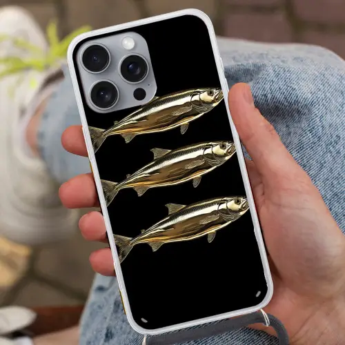 Vissen - Goud - Zwart Hoesje iPhone 16 Pro Max met koord klein -sfeer3