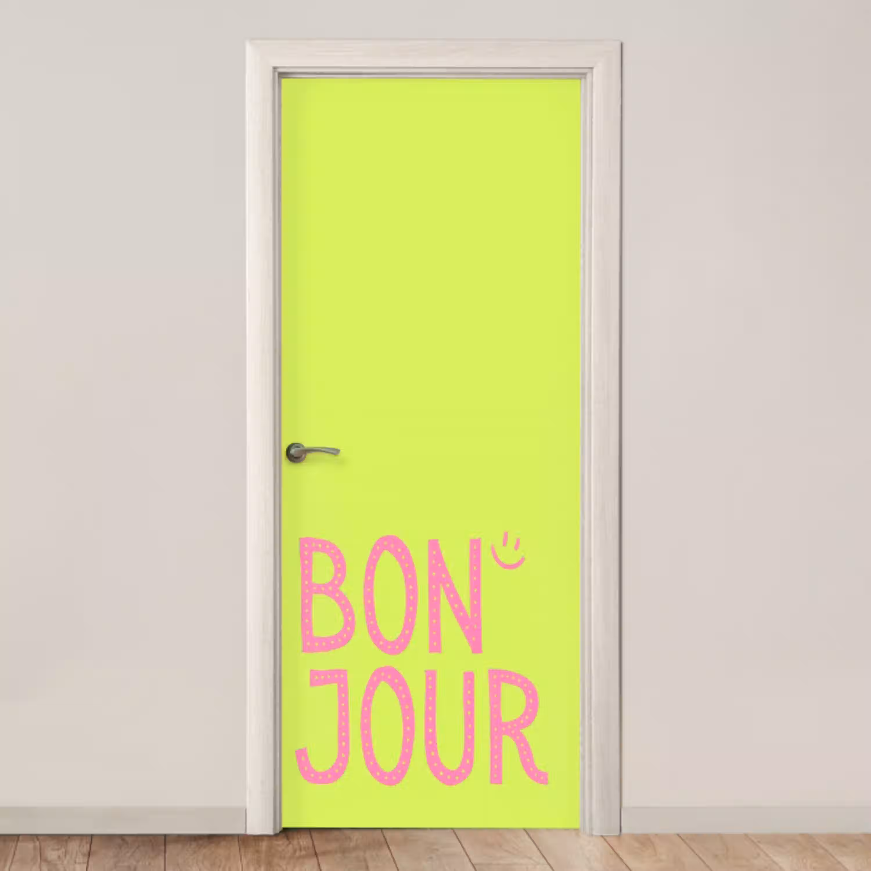 Groen - Smiley - Bonjour - Roze deurposter klein -3d_beige