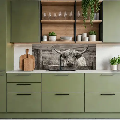 Schotse hooglander - Zwart - Wit - Hout keuken achterwand 2 middel -sfeer3