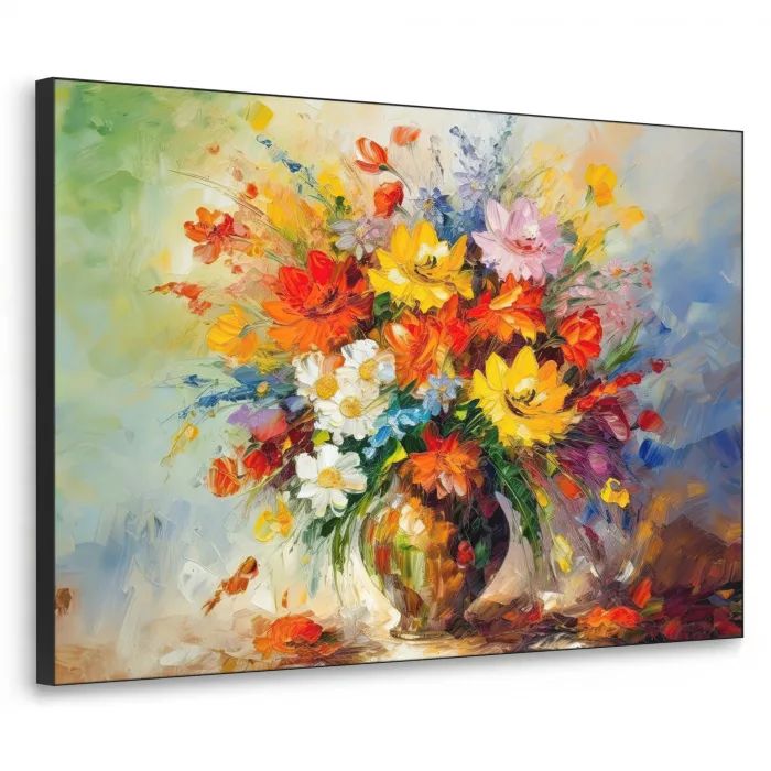 Bloemen - Kleurrijk - Olieverf - Bloempot Textielframe zwart klein -3d