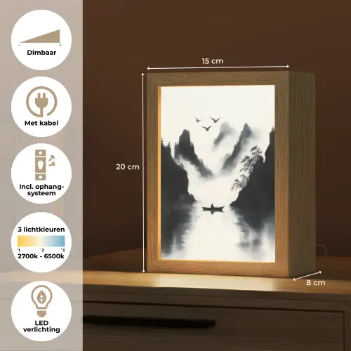 Roeiboot - Mistig - Bergen - Vogels Light Box met kabel (Tafellamp) klein -USP_NL