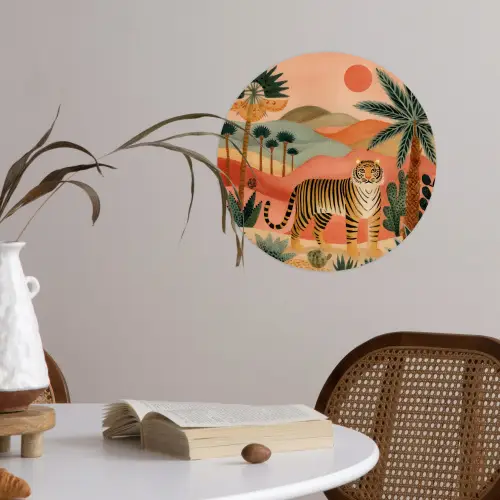 Tijger - Kleurrijk - Palmen - Cactus Wandcirkel behangsticker klein -sfeer3