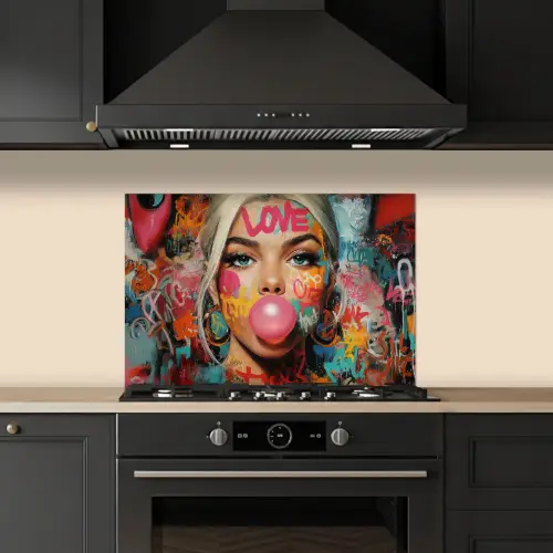 Vrouw - Kauwgom - Graffiti - Love keuken achterwand spatscherm klein -sfeer1