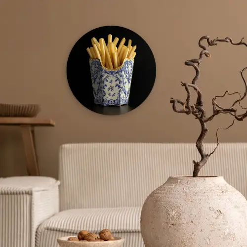 Friet - Porselein - Delfts blauw - Eten Wandcirkel kunststof plaat 5mm dik klein -sfeer1