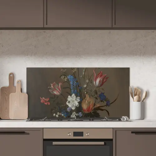 Bloemen in een Wan-Li vaas en schelpen - Schilderij van Balthasar van der Ast keuken achterwand spatscherm middel -sfeer2