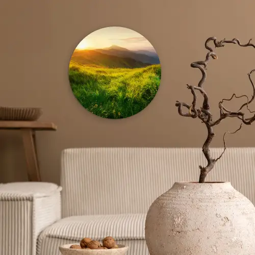 Gras - Heuvels - Zon - Natuur - Landschap Wandcirkel kunststof plaat 5mm dik klein -sfeer1