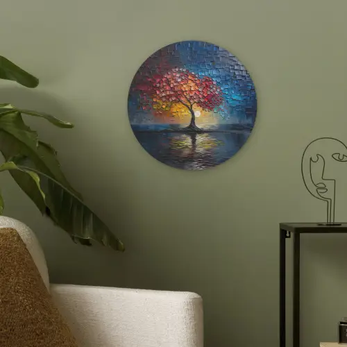 Boom - Blauw - Bladeren - Vakken Akoestische PET Vilt - Rond klein -sfeer2