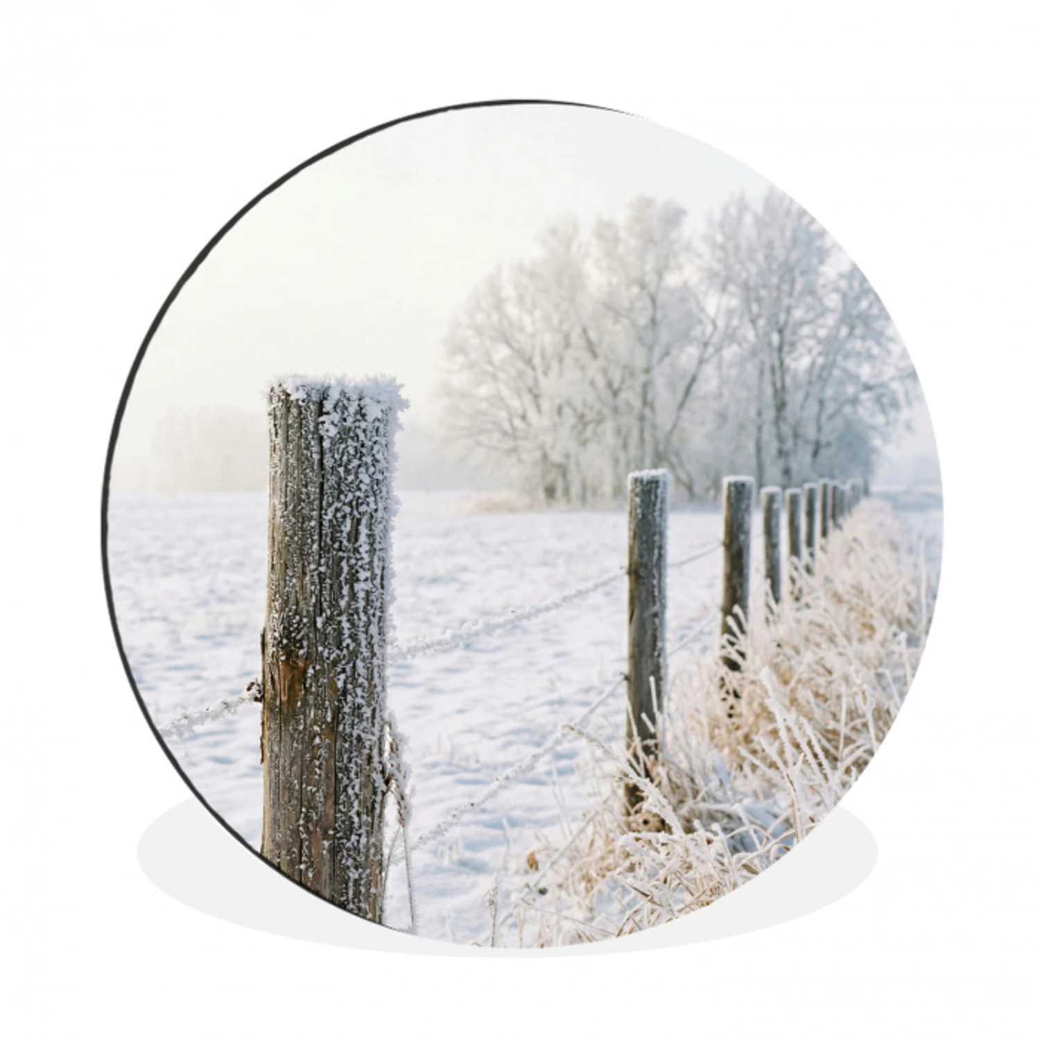 Hek - Sneeuw - Mist - Platteland - Nostalgisch Wandcirkel aluminium klein -3d