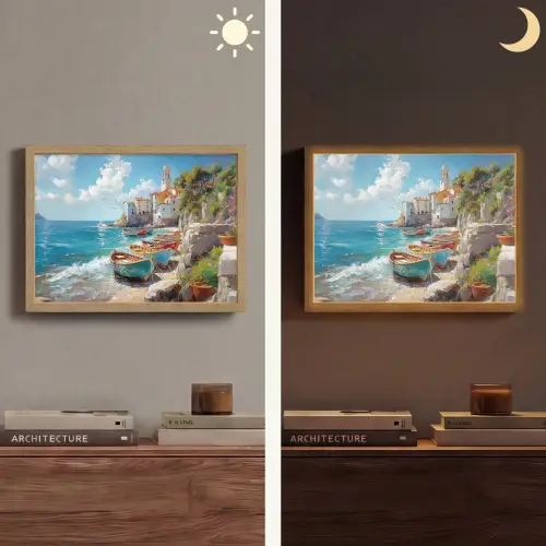 Boten - Rotsen - Zee - Zon Light Box met batterij (Wandlamp) middel -sfeer3