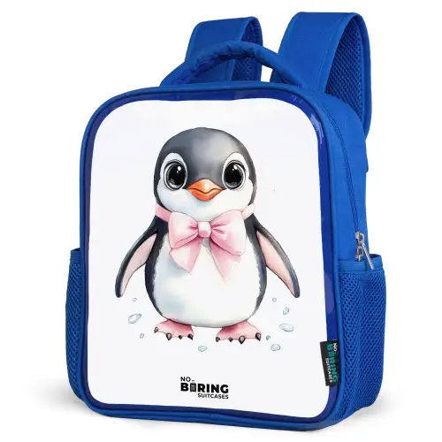 Pinguïn met roze strik en ijsdruppels Kinderrugzak - Blauw middel -schuin