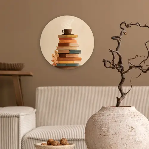 Boeken - Toren - Koffie - Beige Wandcirkel kunststof plaat 5mm dik klein -sfeer1