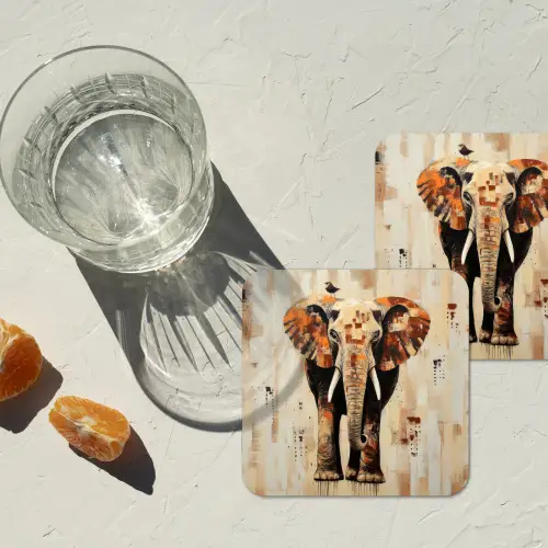 Olifant - Slurf - Mozaïek - Abstract onderzetter kurk middel -sfeer4